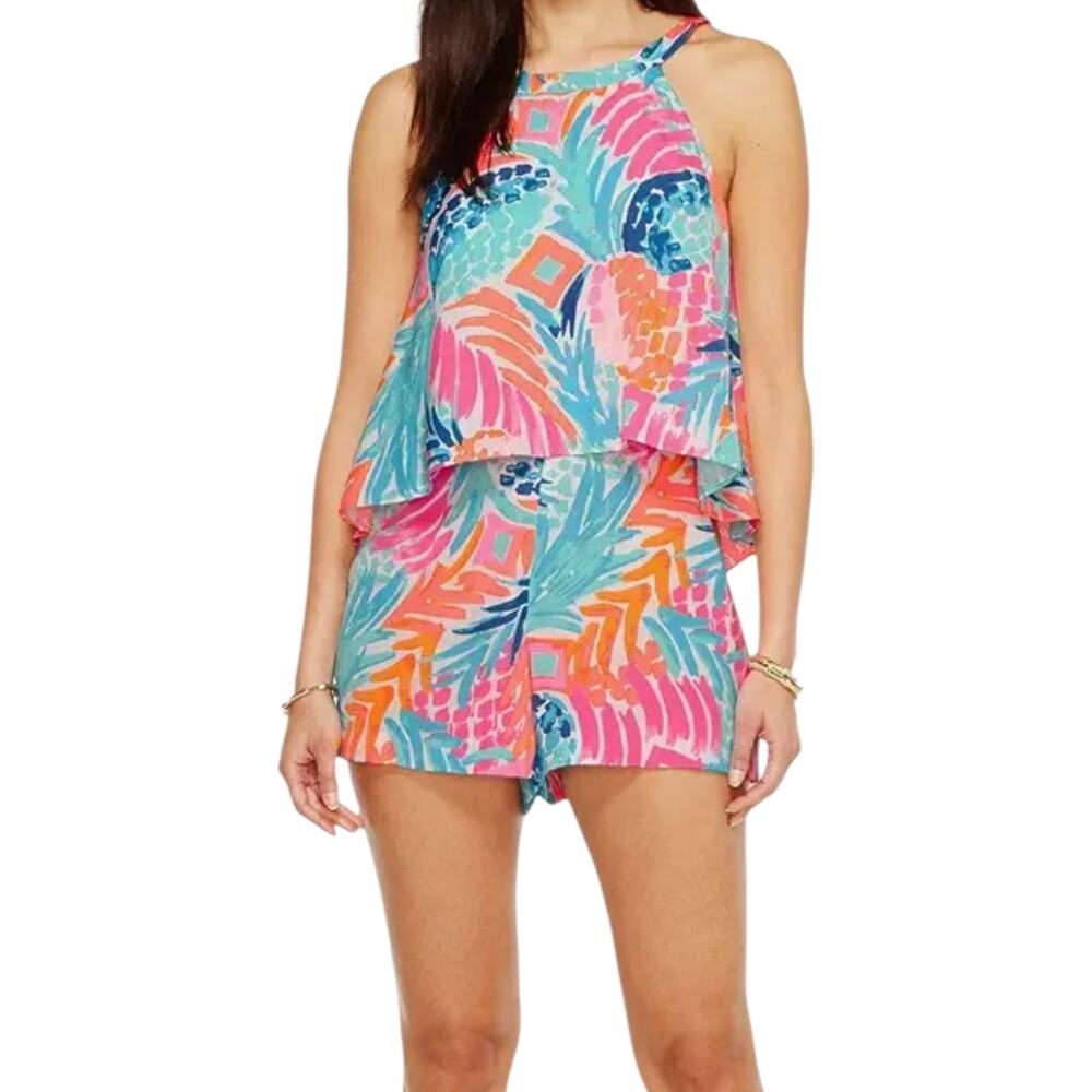 Lilly Pulitzer Edona Romper Goombay Smashed Sleeveless Shorts Halter Pineapple 2